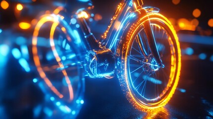 Fototapeta premium Glowing Bicycle in a City at Night, Blue and Orange Lights, Digital Art