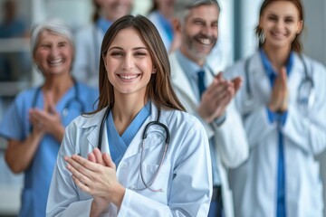 Fototapeta premium Group of Doctors Clapping, Celebrating Success in Hospital. Healthcare Workers Applauding