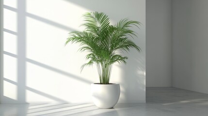 Fototapeta premium 96.A bright interior corner with a single tropical plant in a matte white pot, its rich green leaves standing out against the clean, crisp white background.
