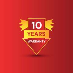 Red Background reliable 10 year warranty red, golden arrow style  badge, label, seal with red ribbon, on white background.