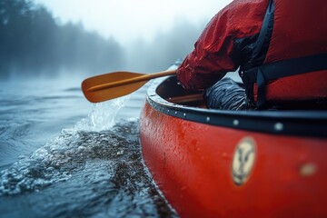 A canoe paddling through misty waters in the early morning, capturing the serene yet intense motion.