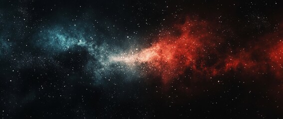 Vivid abstract cosmic background with red and blue glowing particles and a captivating dark portal in space