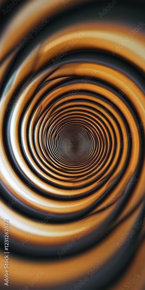 Poster dynamic abstract image featuring a spiral tunnel with orange and black rings, evoking a sense of mot