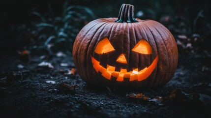 A pumpkin with a smiley face on it. The pumpkin is orange and has a light inside