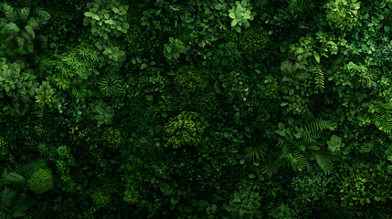 Lush green wall of diverse plants, indoor setting, background texture, nature backdrop