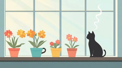 88.A clean and cozy vector illustration of a wide window with sunlight streaming through, a curious cat sitting on the sill, colorful potted flowers lined up neatly, and a steaming coffee mug on the