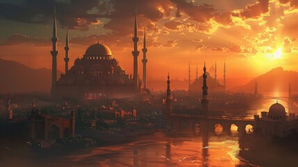 Fototapeta premium Beautiful ramadan mubarak and eid mubarak wallpaper with islamic calligraphy, crescent moon, and lanterns – festive background for ramadan and eid celebrations