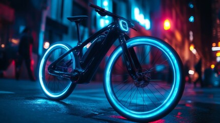 Fototapeta premium Sleek Black Ebike with Glowing Blue Wheels at Night in City