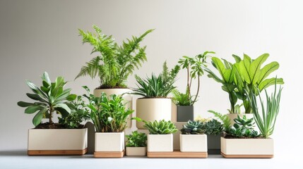 Obraz premium 34.A contemporary indoor garden arrangement, including monstera, ferns, and succulents, housed in trendy planters with clean, flat vector lines and subtle pastel accents.