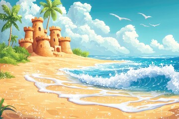 A cartoon beach with animated waves and lively sandcastles, where every grain of sand seems to sparkle and the entire scene is filled with energy and fun.