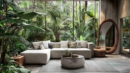 Obraz premium 70.A contemporary interior design with a clean grey sofa, a round coffee table, a decorative basket, and a large mirror, surrounded by lush green tropical plants and subtle decor accents.