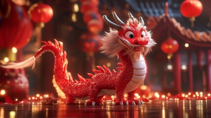 Fototapeta premium Cheerful Red Dragon Amidst Glowing Lanterns during Chinese New Year Celebration