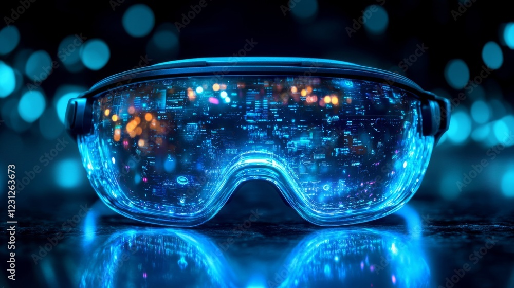 Poster futuristic blue goggles with digital data display in dark setting