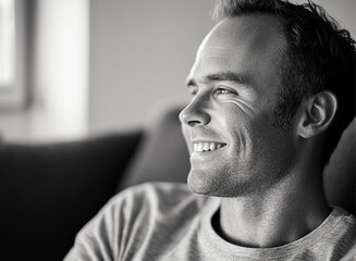 Obraz premium A black and white portrait of smiling man in his thirties, wearing light casual with short hair looking to the side, sitting on couch. He is in an office setting with minimalist decor.
