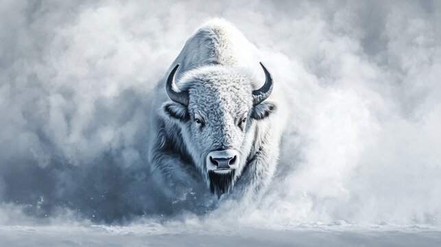 Majestic white bison charging through a misty winter landscape.