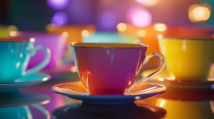 Brightly colored teacups with a soft bokeh background, creating a warm and inviting ambiance perfect for cozy settings.