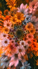Vibrant Spiral of Colorful Daisies Creating a Hypnotic Floral Pattern with Warm and Cool Tones