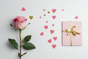 Fototapeta premium A single rose, Valentines card, pink gift with a gold ribbon, and scattered heart confetti create a romantic minimalistic flat lay on a clean white surface.
