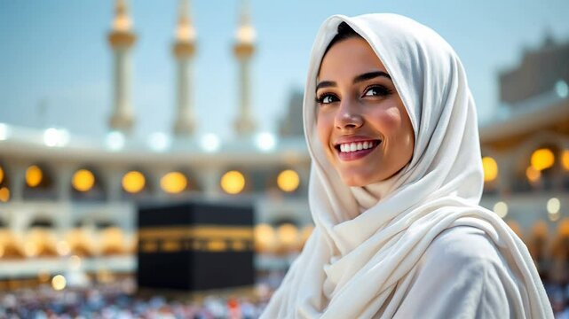 Video Arab woman smiling in front of the kaaba, close up video Arab woman in front of the kaaba, footage in front of the kaaba mecca