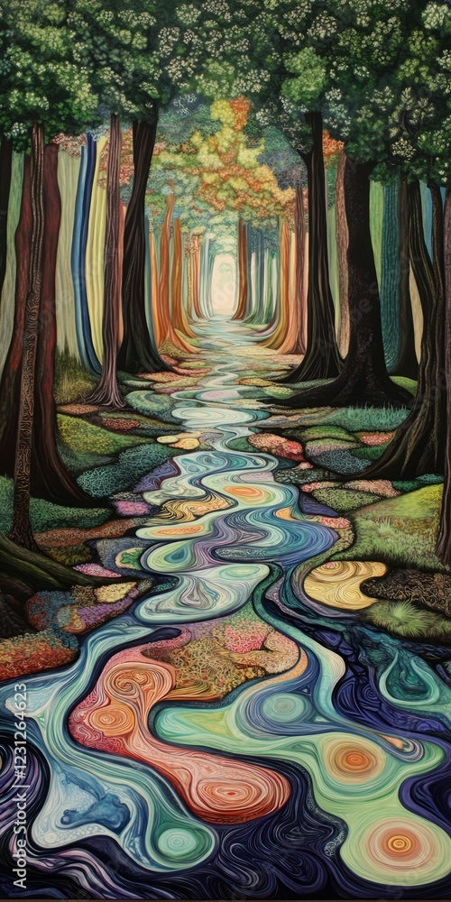 Poster a mesmerizing forest scene with colorful trees and a winding stream, creating a dreamlike atmosphere
