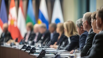 Government officials and diplomats seated at a negotiation table, analyzing the financial contributions of NATO member states. A conceptual image representing economic discussions
