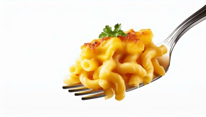 pasta with sauce. Mac and cheese on a fork isolated on white background.