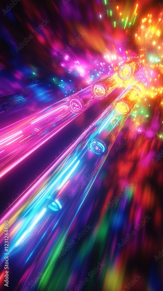 Poster vibrant neon light streaks creating a dynamic and futuristic abstract background with multicolored g
