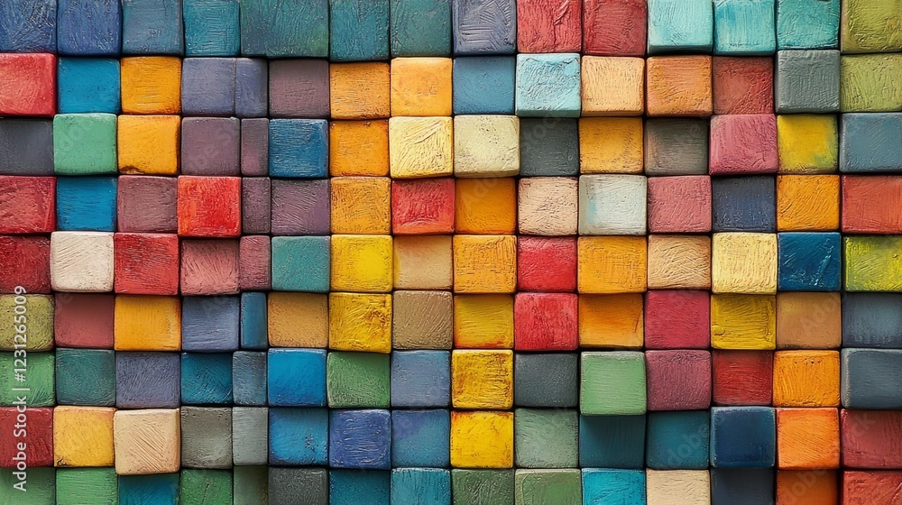 Poster a colorful wall made of blocks. the blocks are in different colors and sizes