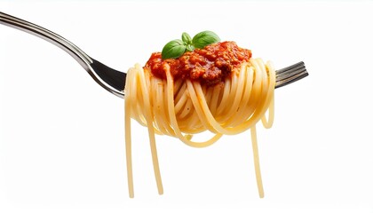 spaghetti with tomato sauce. Spaghetti with sauce bolognese hanging on a fork isolated on white background.