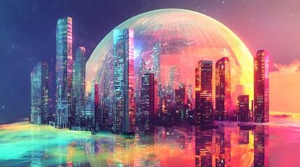 A futuristic city beneath a transparent dome on a colorful planet, with glowing neon skyscrapers reflecting on reflective surfaces.