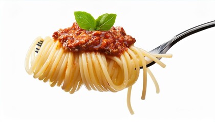 spaghetti with tomato sauce. Spaghetti with sauce bolognese hanging on a fork isolated on white background.