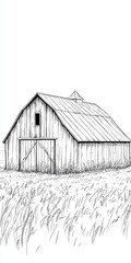 A barn with a door is shown in a field. The barn is old and has a rustic appearance. The field is empty and the barn is the only structure visible