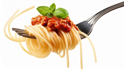 spaghetti with tomato sauce. Spaghetti with sauce bolognese hanging on a fork isolated on white background.