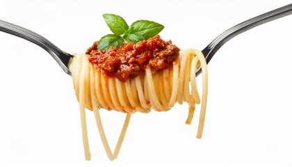 spaghetti with tomato sauce. Spaghetti with sauce bolognese hanging on a fork isolated on white background.