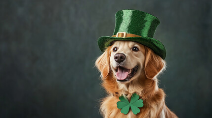 Cute labrador retriever dog celebrating St. Patrick's Day in a leprechaun hat on blured background St. Patrick's Day banner