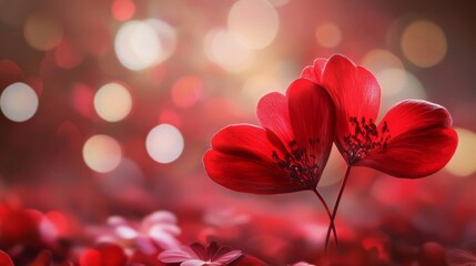 Obraz premium Two Red Flowers Forming a Heart Shape Against a Bokeh Background