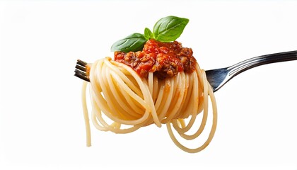 spaghetti with tomato sauce. Spaghetti with sauce bolognese hanging on a fork isolated on white background.