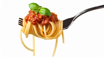 spaghetti with tomato sauce. Spaghetti with sauce bolognese hanging on a fork isolated on white background.