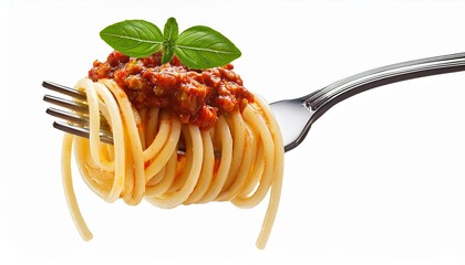 spaghetti with tomato sauce. Spaghetti with sauce bolognese hanging on a fork isolated on white background.