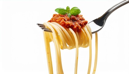 spaghetti with tomato sauce. Spaghetti with sauce bolognese hanging on a fork isolated on white background.