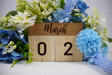 Wooden Calendar Showing the Date of March 2nd. Day 2 of March month