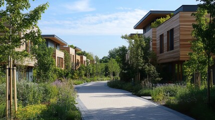 118.A picturesque view of a modern suburban street in Esslingen, featuring a stylish wooden house with clean architectural lines, surrounded by lush greenery and neatly paved pathways.