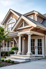 Luxury House Exterior: Elegant Home Design with Columns and Landscaping. A stunning architectural masterpiece, showcasing beautiful design elements and curb appeal.
