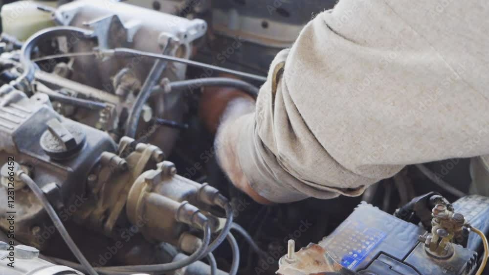 Poster the image features a car mechanic working closely on a component inside the engine compartment with 
