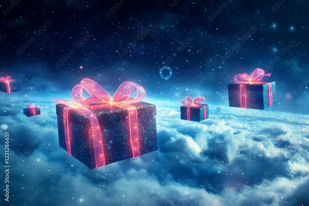 Poster enchanting image of glowing gift boxes floating in a starry sky above clouds, creating a magical and