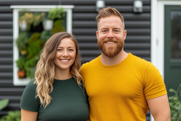 Fototapeta premium A smiling young Caucasian couple stands close together in front of their modern black house with greenery