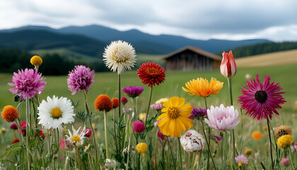 Obraz premium A vibrant field of colorful wildflowers in front of a rustic wooden cabin, set against a backdrop of rolling green hills and cloudy skies.