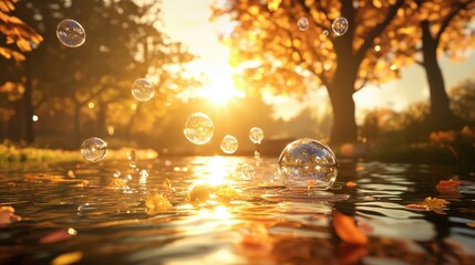 Bubbles Floating Above a Serene Pond Surrounded by Autumn Leaves
