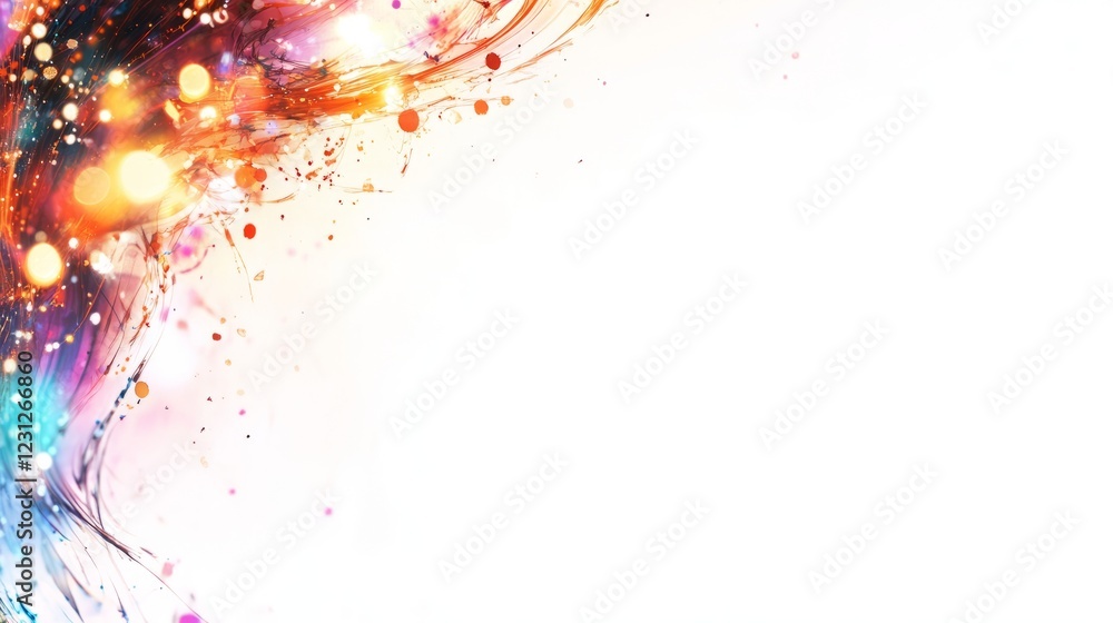 Poster a white background with a colorful and blurry line. the line is made up of many different colors
