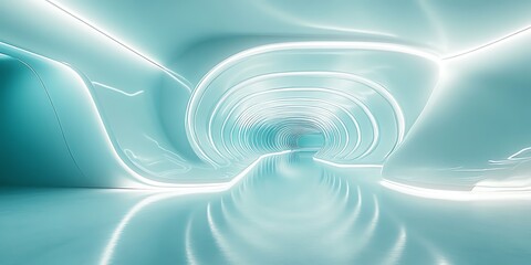 Explore futuristic curved and wavey lines in 3D, featuring reflective teal and white patterns, rendered in 32K with Unreal Engine 5. Cinematic lighting and soft neon glow enhance this modern, clean de